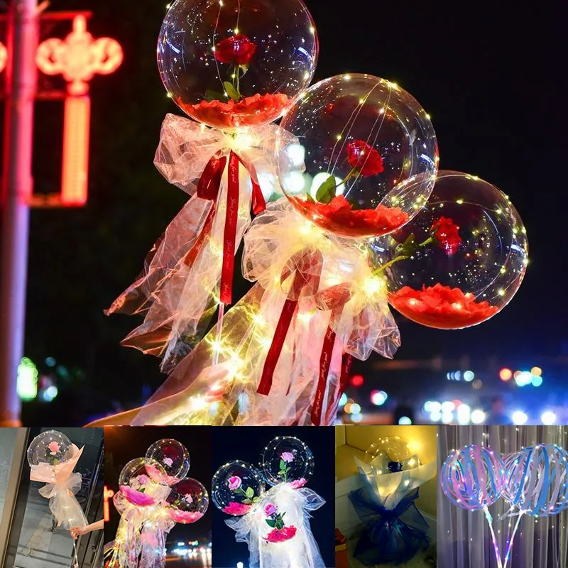 LED String Light DIY Rose Flower Bobo Balloons Fairy Lighting with Sticks Transparent Bouquet Ballons for Party Balloon Wedding Holiday Decoration