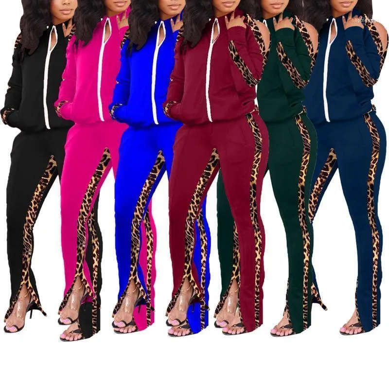 Women's Tracksuits Women Leopard Patchwork Fashion Two Piece Suit Long Sleeve Stand Collar Cold Shoulder Cardigan + Slit Trousers1