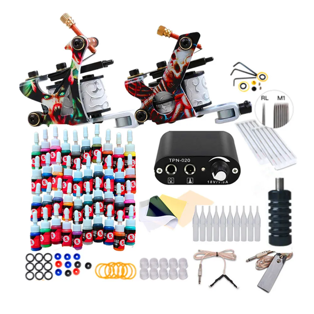 Tattoo Kit 2 Coils Guns Machine Set 7/14/40 Pigment Ink Sets Power Supply Beginner Tattooing Equipment