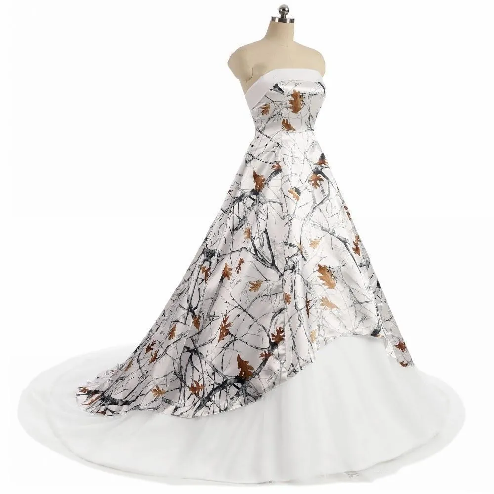 2021 Abito da sposa vintage bianco mimetico senza spalline con lacci Corsetto dietro realtree Camouflage Boho Beach Abiti da sposa country Vestidos De Noiva