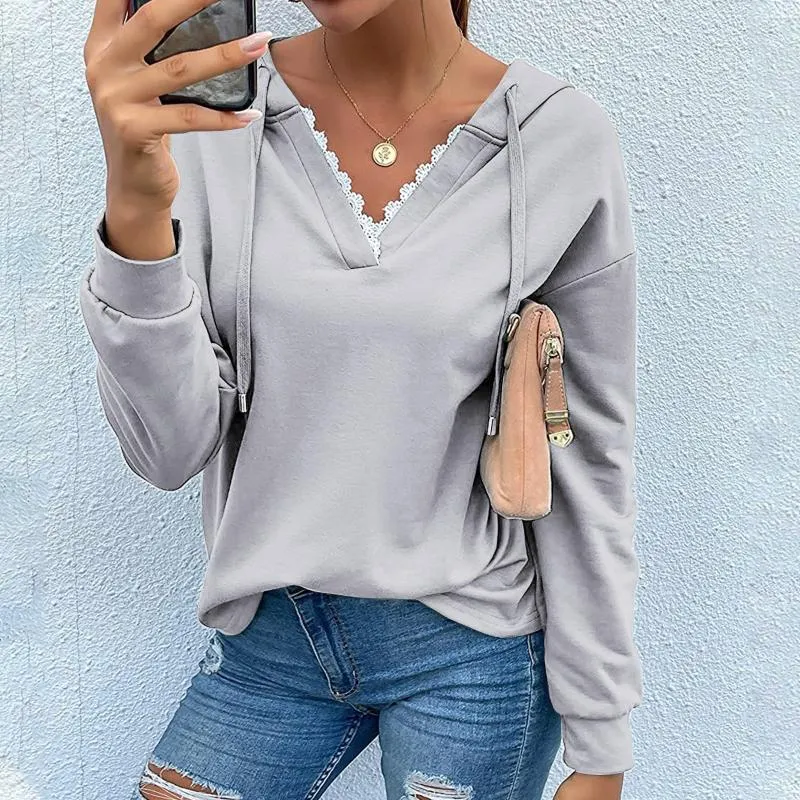 Felpe con cappuccio da donna Felpe 2021 Primavera Moda coreana Donna Elegante Pullover Sexy Pizzo con scollo a V Top da donna Casual T-shirt a maniche lunghe