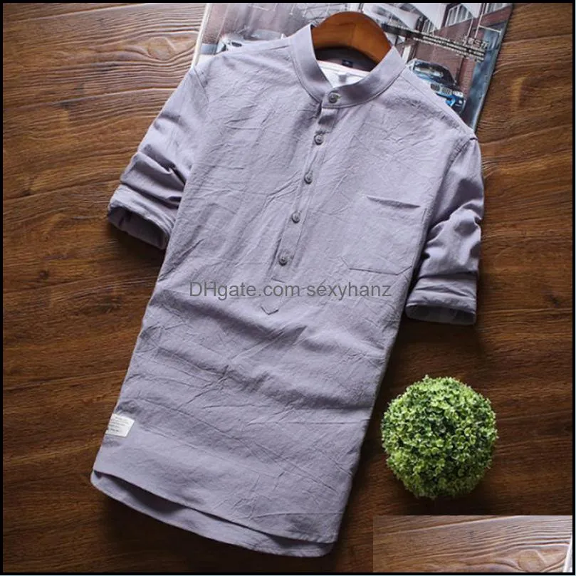 Men`s Casual Shirts 5 Color 2021 Cotton Linen Chinese Stand Collar Slim Three Quarter Fashion Solid Shirt S-3XL