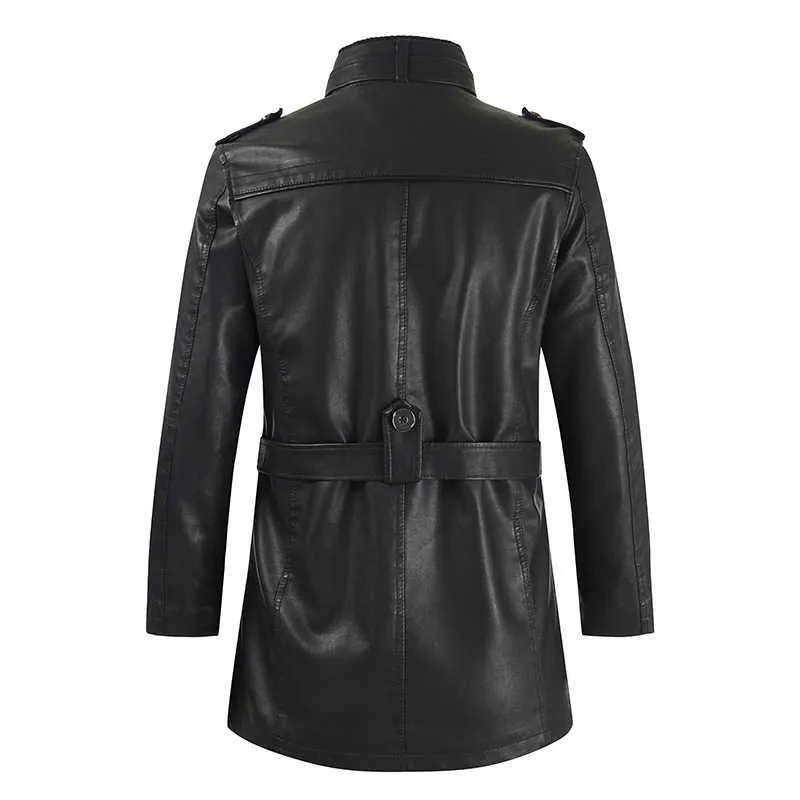 Mens Mid Length Leather Jacket: Stand Up Collar, Velvet Belt, Warm