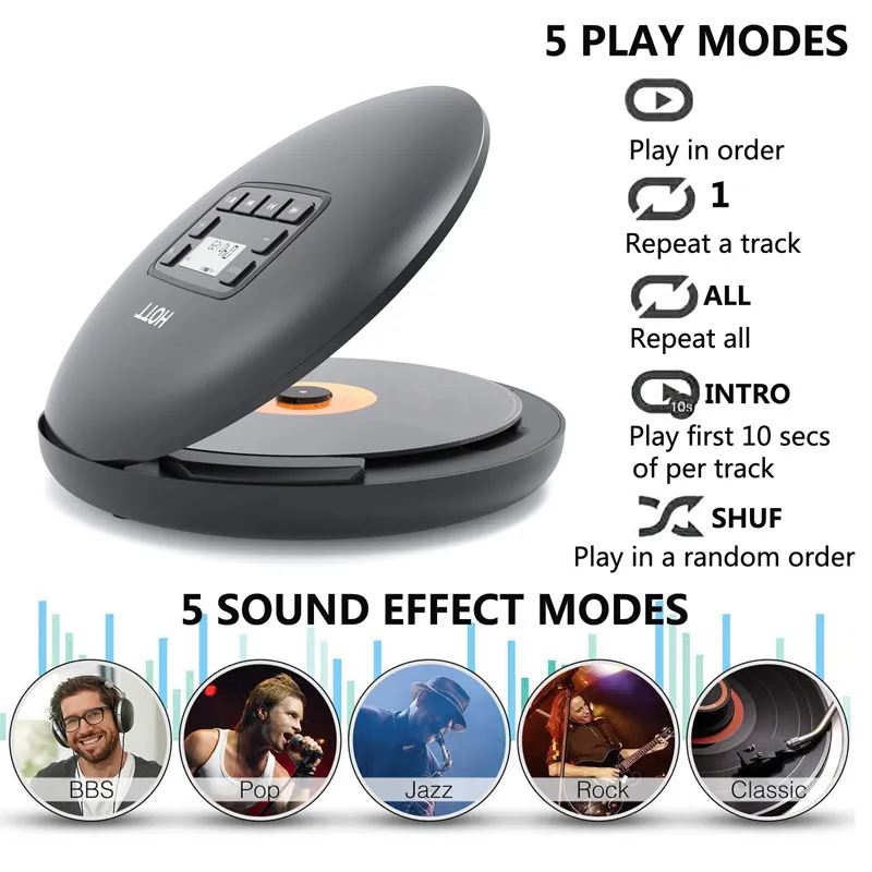 HOTT CD204 Bluetooth Portable CD Player With Rechargeable Battery LED Display Personal Walkman