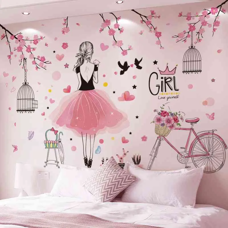[Shijuekongjian] Kiraz Çiçekler Bisiklet Duvar Çıkartmaları DIY Karikatür Kız Mura Çıkartmaları Ev Oturma Odası Çocuklar Yatak Odası Dekorasyon Için 210615