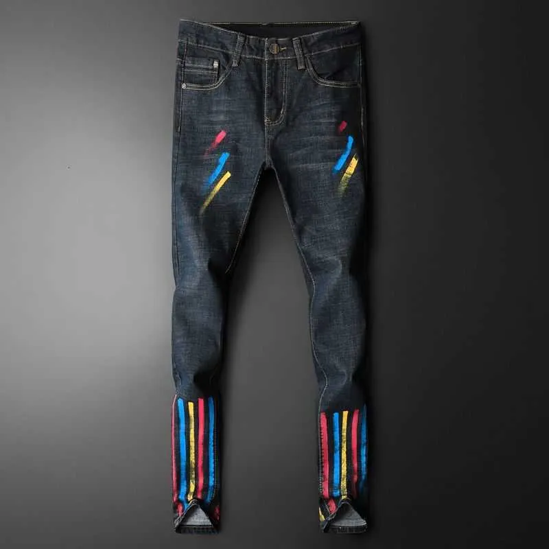 Cor listras jeans homens elásticos força punk nightclub personalidade impresso de jean homem moderno desenho desenho denim calça 210622