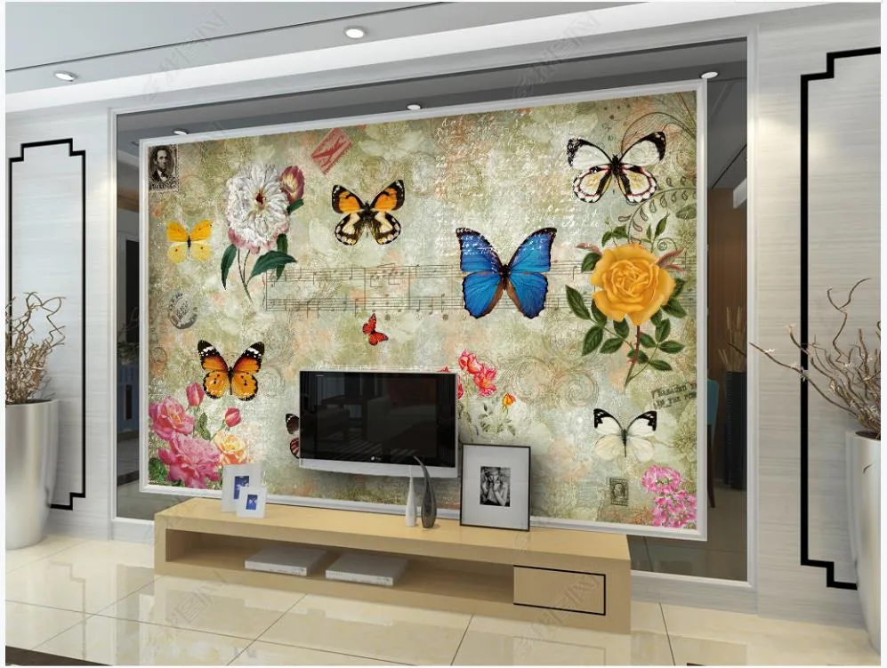 Customized photo wallpaper 3d murals wallpapers European retro pastoral flower butterfly restaurant bar TV background wall papers home decor