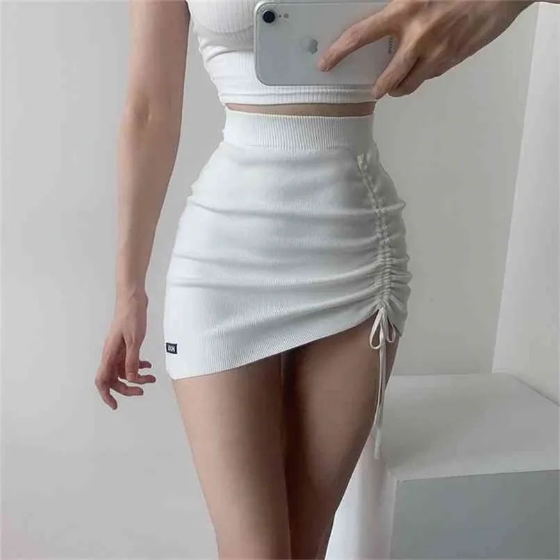 Yüksek Bel Streç Yan İpli Etek Slim Fit Kalça Örgü Kısa Seksi Çok Yönlü Moda Mini Siyah Beyaz Y2K Giysileri 210619