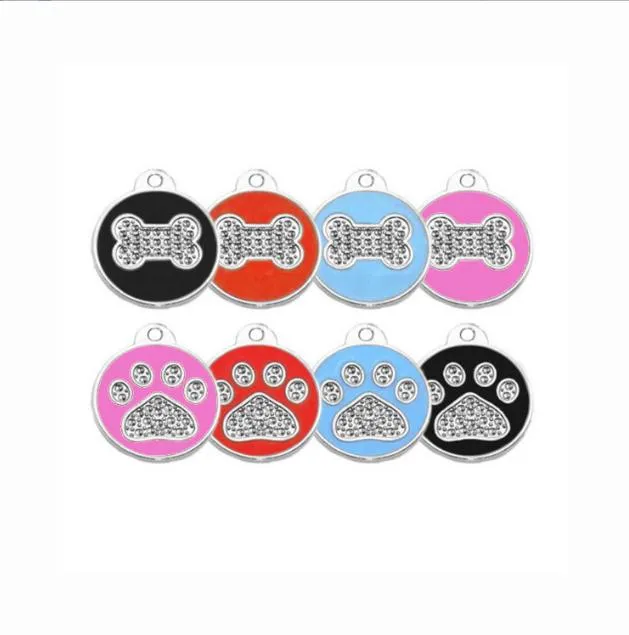 100 stks / partij Zinklegering Paw-Design Ronde Lege Pet Dog Cat Identity Tags voor Pet Collar met Diamonds