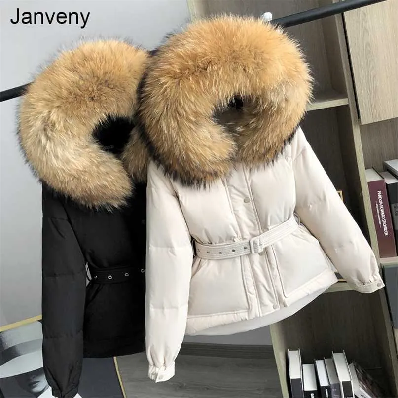 Janveny 90% White Duck Down Coat Winter Women Hooded Huge Raccoon Fur Thicken Female Feather Puffer Clothing Parkas 211008