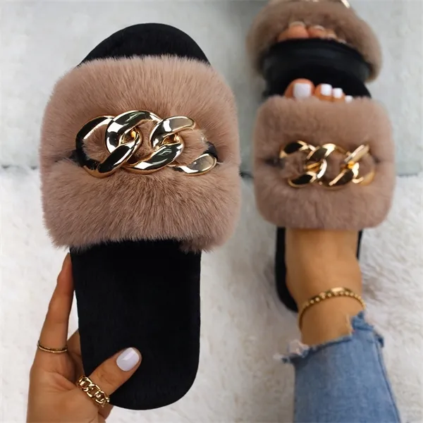 Women Furry Slides Metal Chain Fluffy Slippers Faux Fur Flip Flops Plush Home Slippers Flat Sandals Ladies Luxury Designer Shoes Y1120