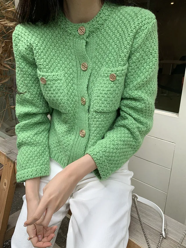 가을 새로운 디자인 여성 O- 넥 긴 소매 거친 양모 니트 스웨터 가디건 코트