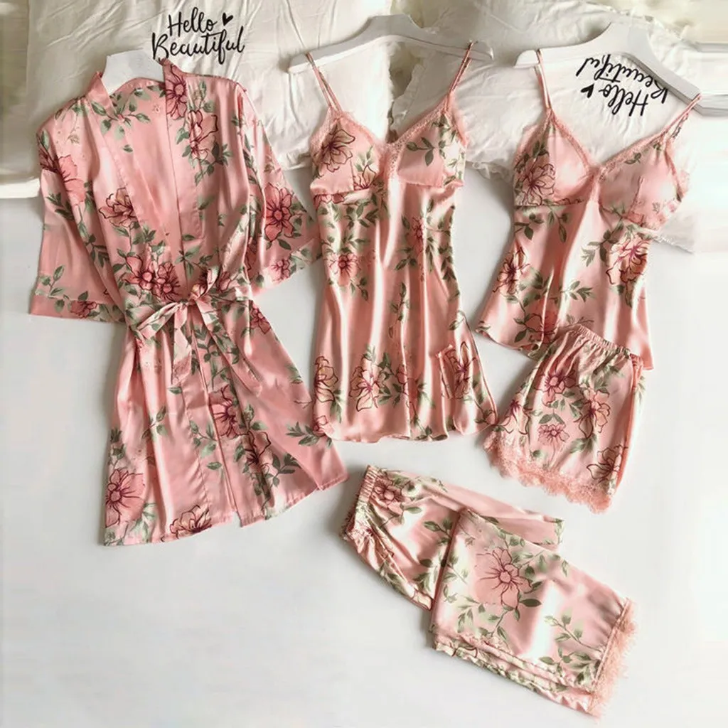 5Pcs Sexy Dessous Frauen Seide Spitze Pyjama Sets Trim Satin Cami Tops Robe Babydoll Nachtwäsche NightdrPajamas Set X0526