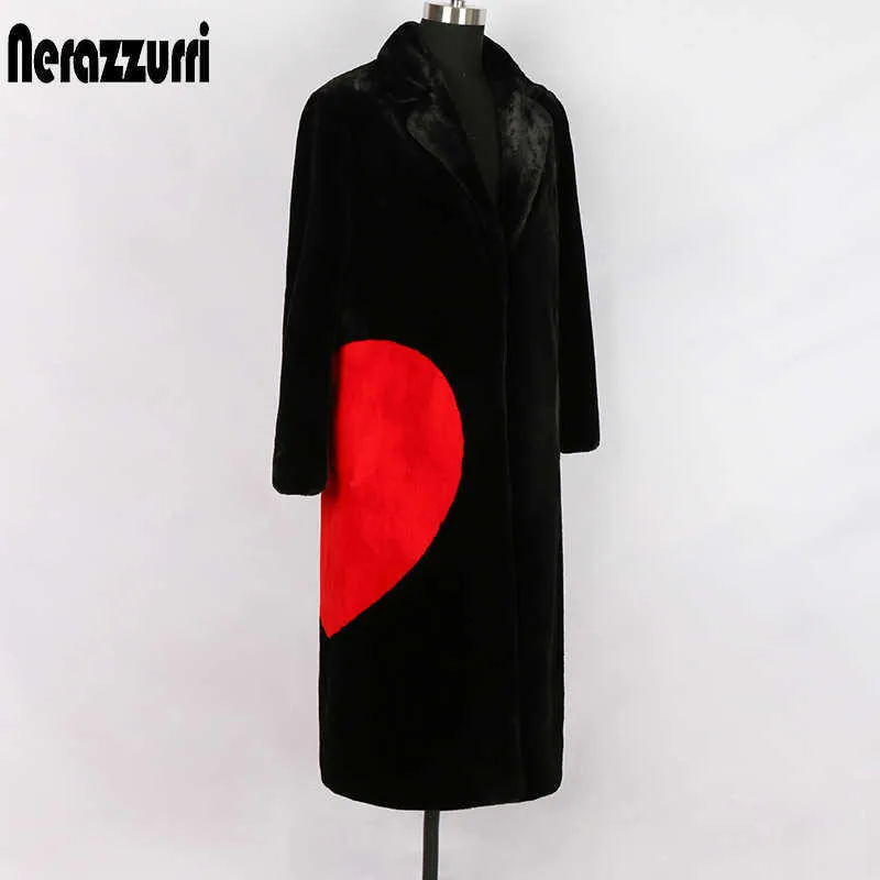 Nerazzurri Winter Black Long Faux Fur Coat with Red Love Hearts Long Sleeve Notched Lapel Warm Fluffy Jacket Korean Fashion 2021 Y0829