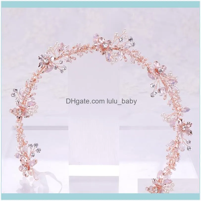 Rose Gold Crystal Pearl Ornaments Headband Flower Bridal Handmade Tiara Hair woman Wedding Headpiece Jewelry Party