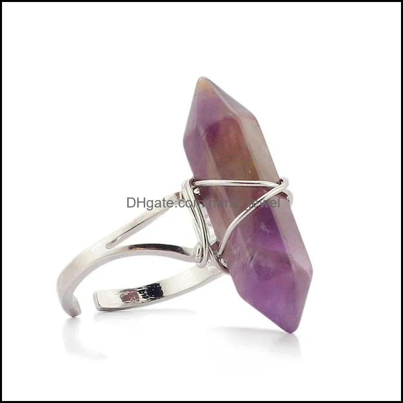 NEW Hexagonal Prism Rings Gemstone Rock Natural Crystal Quartz Healing Point Chakra Stone Charms Opening Rings for women men 163 T2