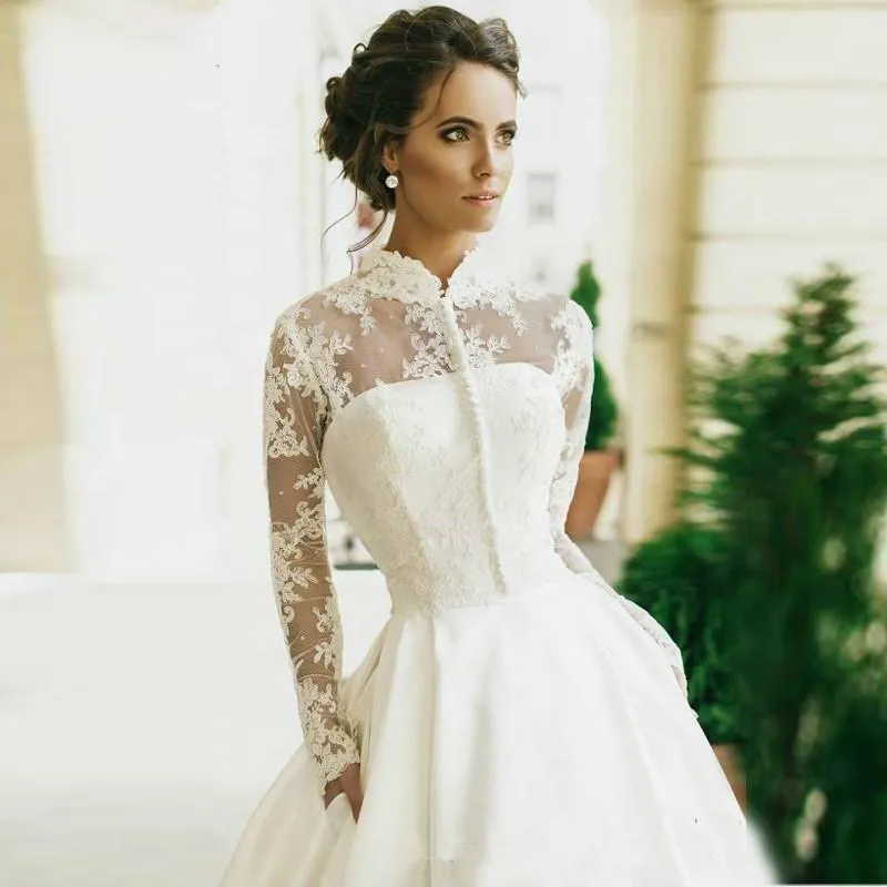 Lace Satin Wedding Dress with Chapel Train and Detachable Jacket High Collar Juliet Sleeves from Dhgate A-Line Wedding Dresses - price 290.78 Lace Satin Wedding Dress with Chapel Train and Detachable Jacket High Collar Juliet Sleeves from Dhgate A-Line Wedding Dresses - price 290.78