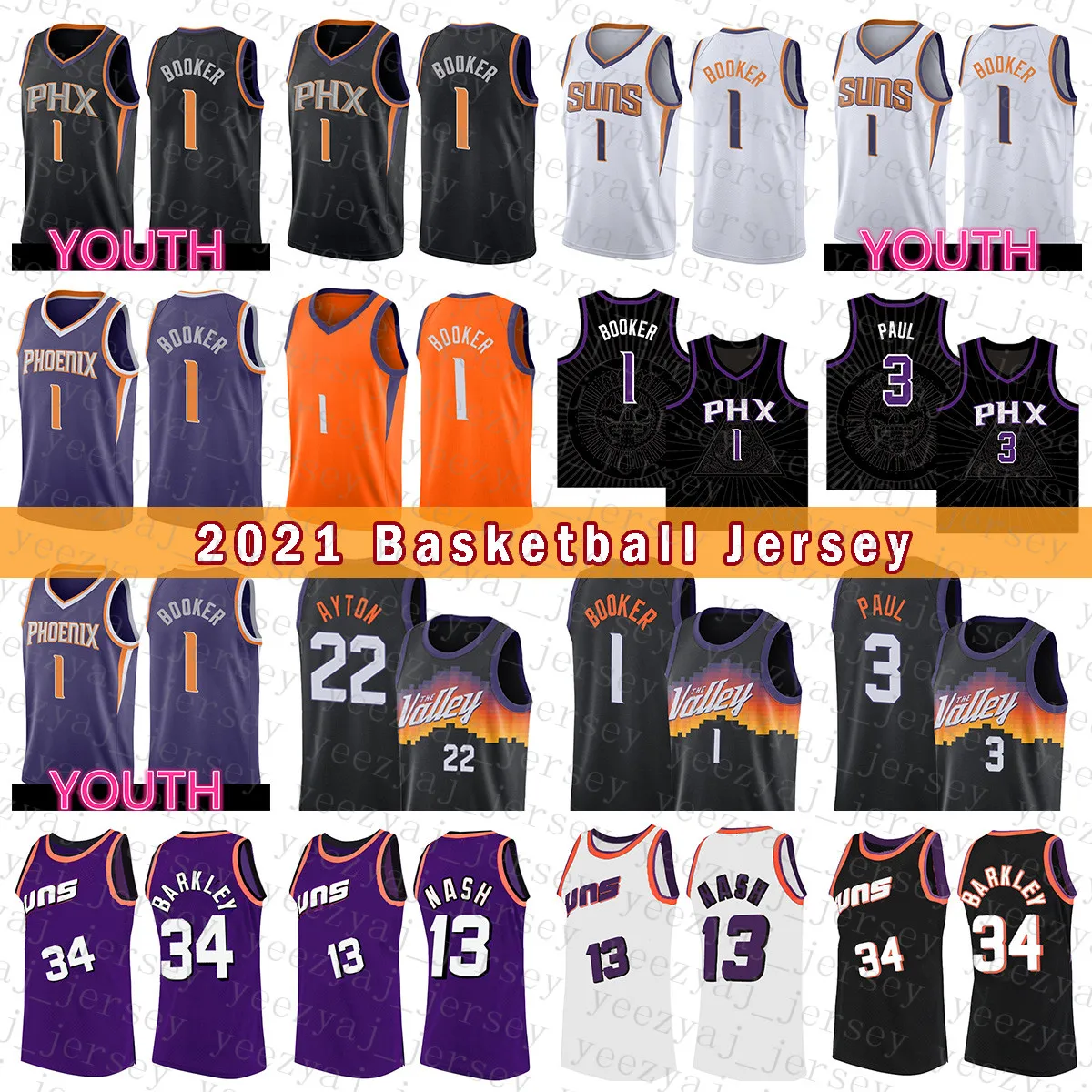 メンズフェニックスSun Basketball Jerseys Devin 1 BookerノースリースChris 3 Paul Deandre 22 Ayton Steve 13ナッシュチャールズ34 Barkley Polyper