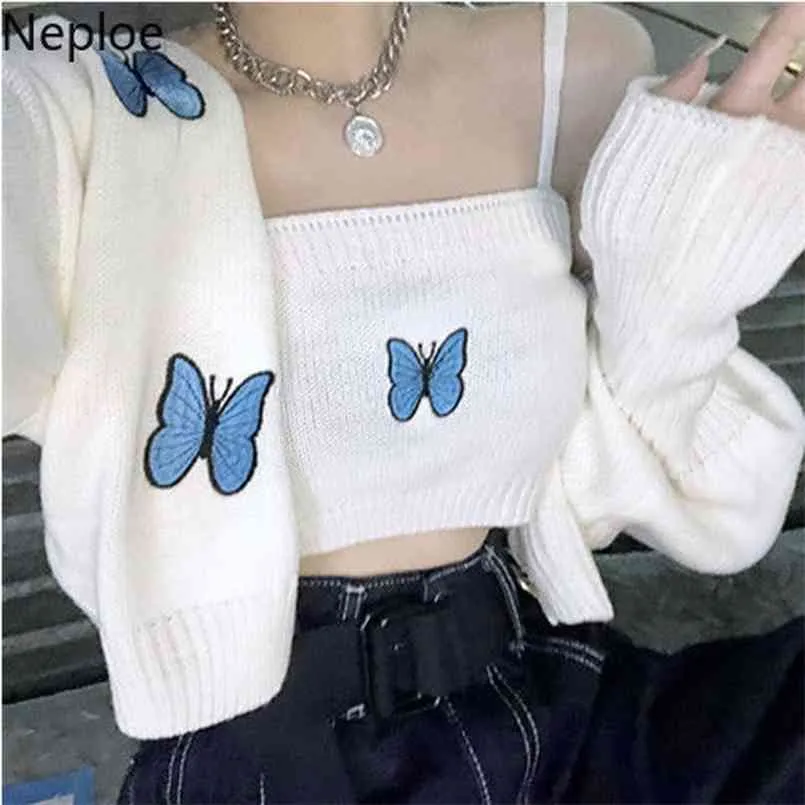 NEPLOE Kvinnor Cardigan Butterfly Broderi Beskurna Tröjor Tvådelade uppsättningar Koreanska Knit Dräkt Fashion Black Sweater Cardigans 210806