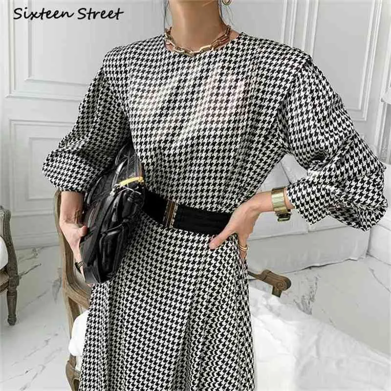 Chic robe à carreaux femme avec ceinture col rond taille haute robe à manches longues élégant printemps OL Business es 210603