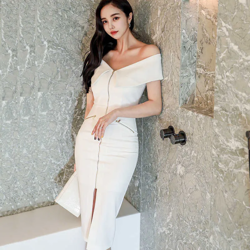 Summer Off-Shoulder Women's Office Bodycon midi dress with V-Neck Bodycon Pencil, Brief Style, and Full Zipper - 210529