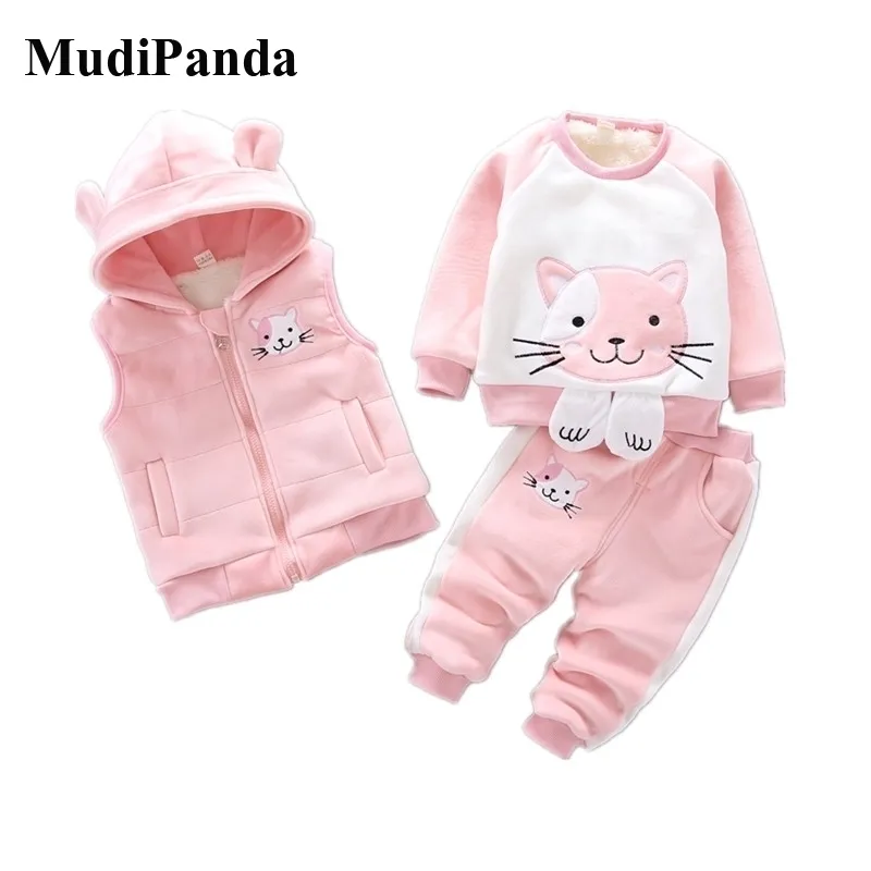 MudiPanda Vestiti per ragazze Inverno Puro cotone spesso caldo Maglione con cappuccio casual Cartoon Cute Cat Tre pezzi Baby Boy Suit 210309
