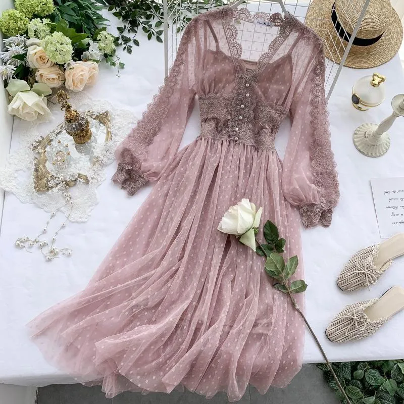 Women Mesh Dress New Spring Autumn Long Sleeve Vinage Boho Dresses