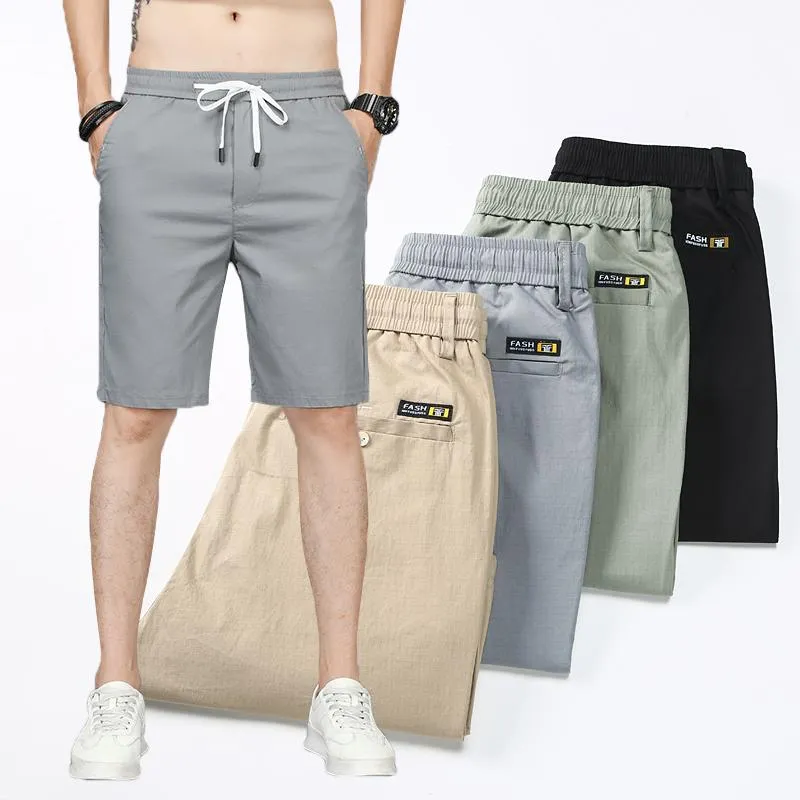 Mäns Shorts Sommar Casual Solid Färg Mode Drawstring Kort Byxor Ljus Tunn Everyday Street Bermuda Knee-Length