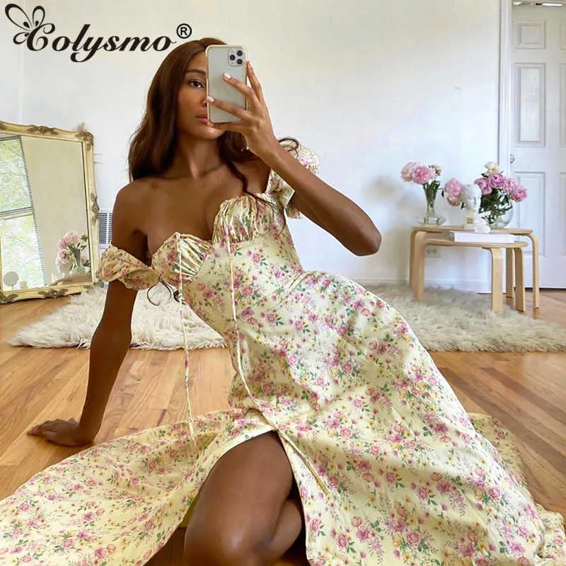 Colysmo off ombro vestidos sexy verão romântico floral mulheres peito ruched lace up resort beach longo 210527