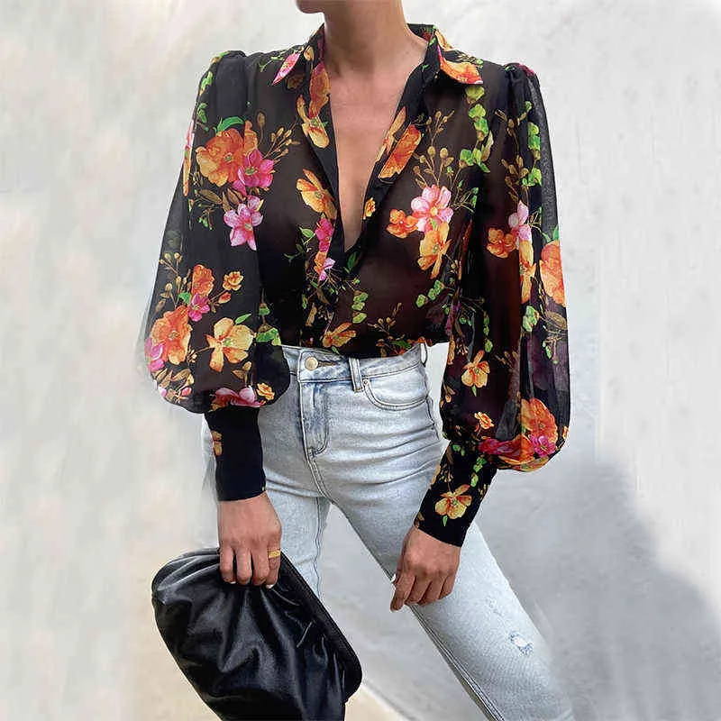2021 jesień koszule z bufiastymi rękawami bluzka damska kwiatowy/Leopard z długim rękawem guziki na klapę koszule vintage eleganckie bluzki topy kobieta Y211125