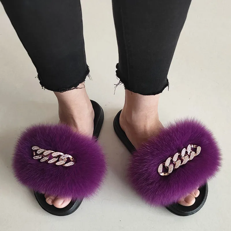 Sommar Sexig Real Fur Diamond Chain Fluffy Slides Inomhus Hem Flat Skor Casual Toffles