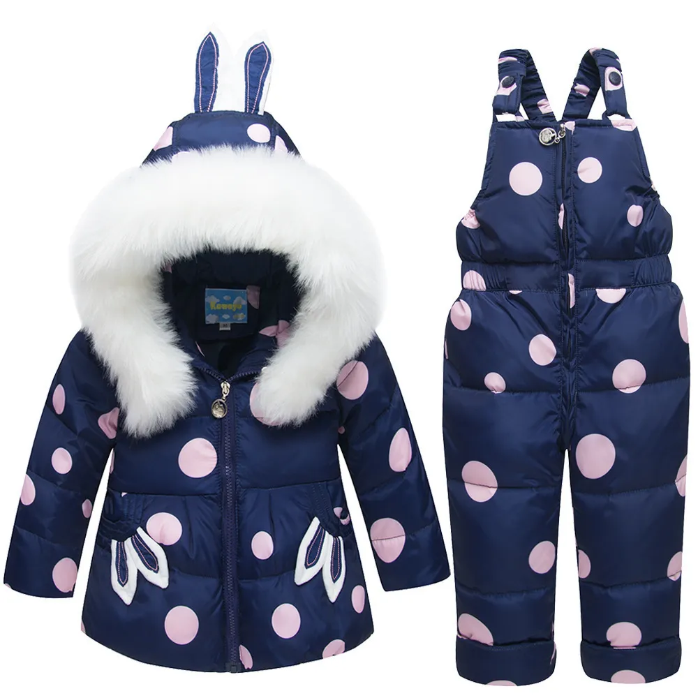 Crianças bebê menina coelho orelha pele com capuz casaco esqui neve terno jaqueta + calças bib macacões pontilhados para baixo roupas lj201126