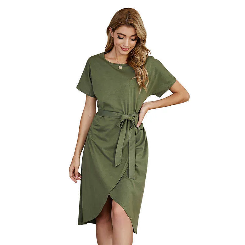 Elegant Solid Bandage Buckle O Neck Short Sleeve Two Pieces(4 Colors)