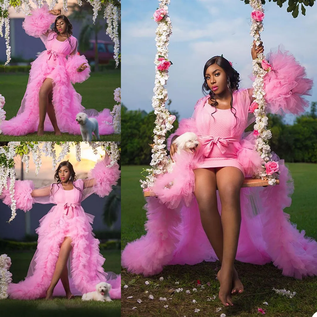 Härlig rosa tyll kimono långa sömnkläder kläder ruffles nattrockfotografering brud party nattklänning kläder för kvinnor