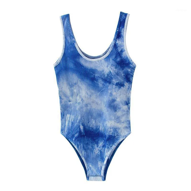 Moda donna Blu Tie-dye Stampa Summer Beach Style Body 2021 Sexy Lady Bodycon Top senza maniche Tute Femme Tute da donna Romp