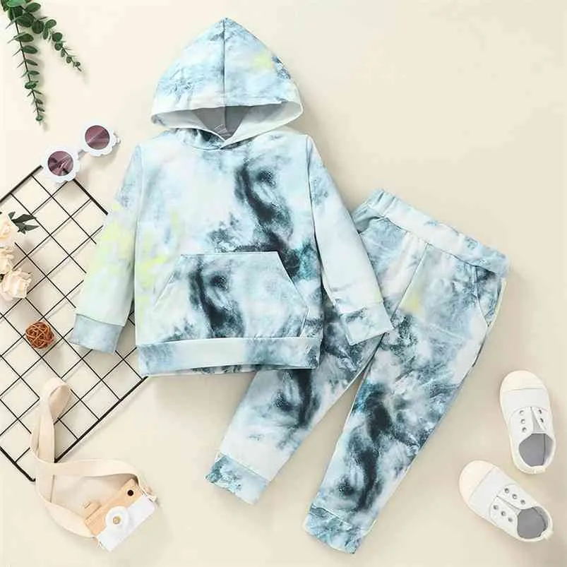 Vinter Barn sätter Casual Långärmad Tie-Dye Hoodies Ljusgröna Byxor Söt 2PCS Tjejer Kläder 210629