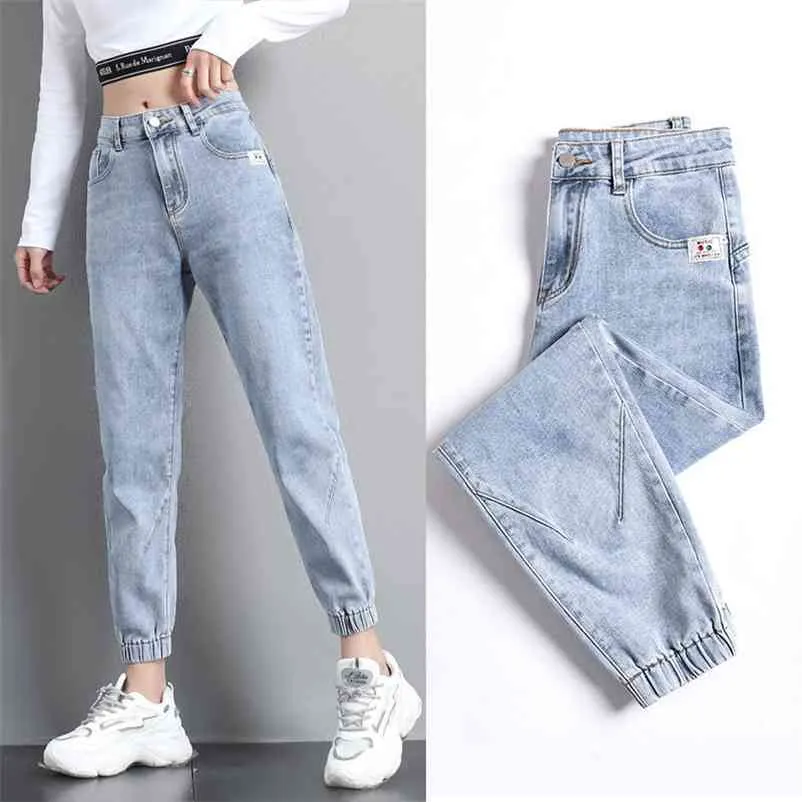 High waisted jean spring loose tight fitting waist leggings feet thin nine points harem pants ins net red trend 210629