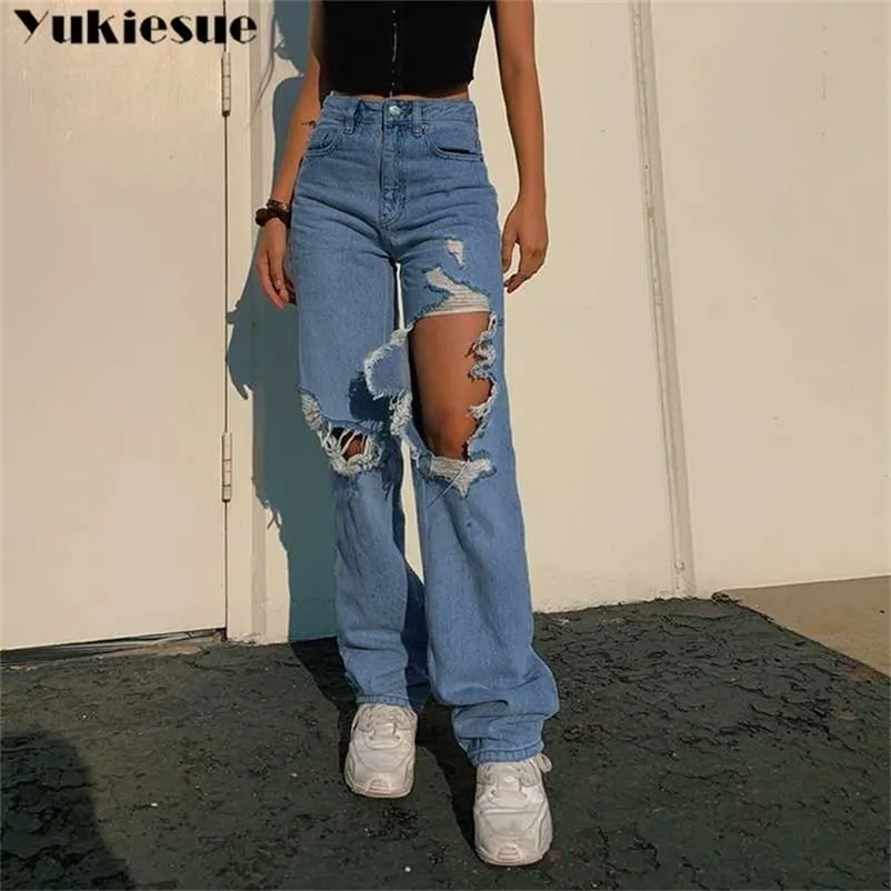 Streetwear Yüksek Bel kadın Moda Kot Kadın Yırtık Delik Kadın Geniş Bacak Pantolon Pantolon Kadın Jean Femme Denim Bagge Jeans 211111