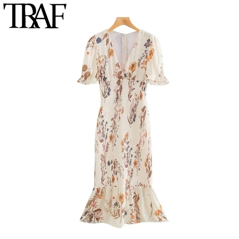 Traf女性シックなファッション花柄プリントRufpled Sheath Midi Dressビンテージ半袖バックジッパー女性ドレスvestidos 210623