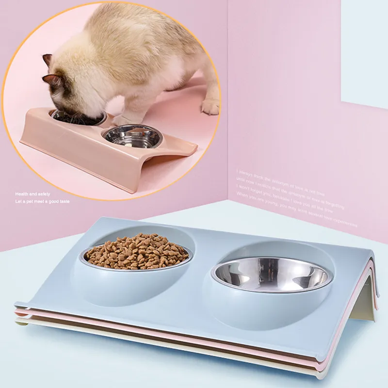 고품질 이중 개 물 피더 고양이 애완 동물 용품 수유 요리 스플래시 방지 스테인레스 스틸 애완 동물 보울