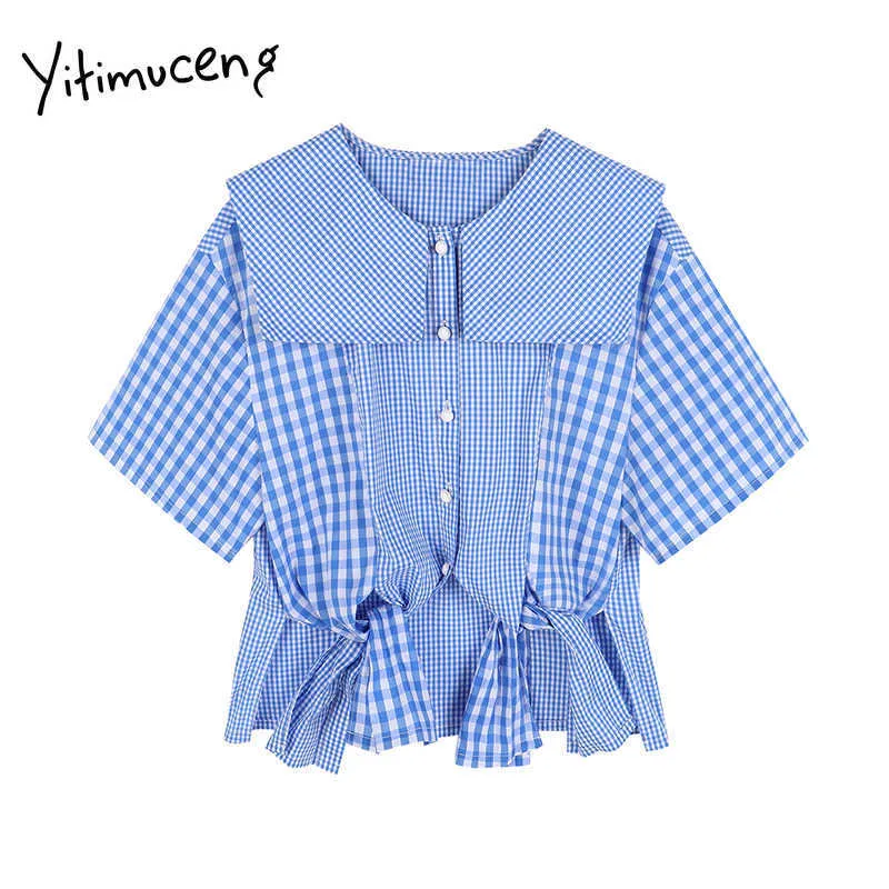 Yitimuceng Plaid Blouse Women Button Up Short Shirts Sailor Collar Straight Blue Clothes Summer Korean Fashion Tops 210601