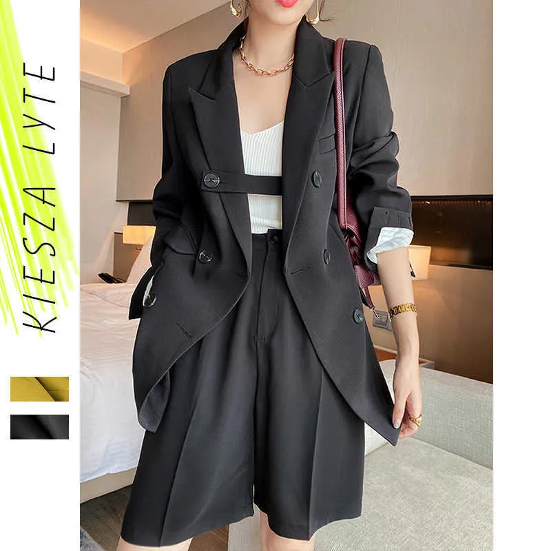 Zwart Pakken Twee stukken Dames Lente Zomer Casual Koreaanse Stijl Half Broek en Lange Mouw Blazer Jacket Sets 210608