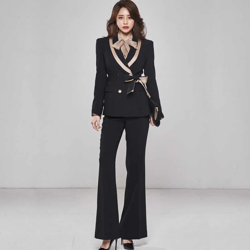 Pant Terno Mulheres Elegante Escritório Lady Ol Hit Color Black Work Jacket Blazer Casaco e Flare 2 Parte Set 210529