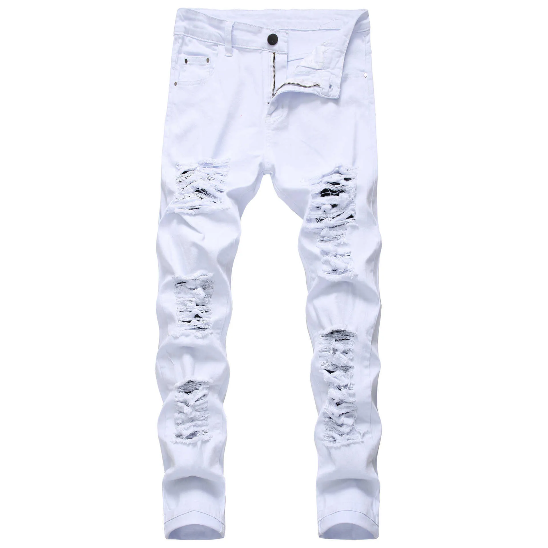 Прибытие мужское хлопок разорванные джинсы повседневные тонкие тощие белые джинсы мужские брюки мода стрейч хип-хоп джинсовые штаны мужчина 210622