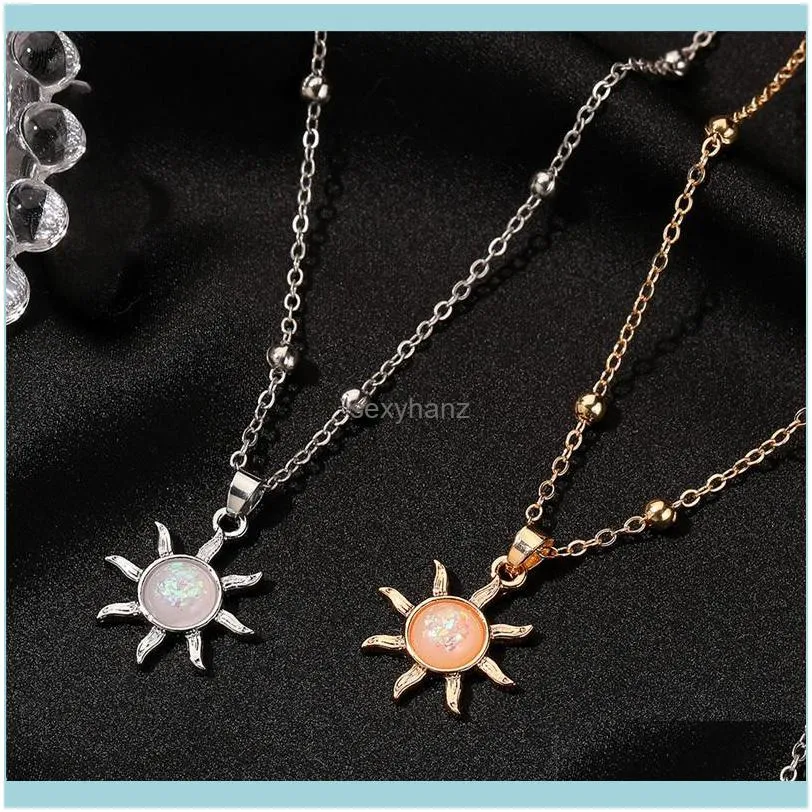 20pcs/Lot Korean New Opal Sun Pendant Necklaces Women Sunflower Beads Clavicle Chain Metal Gold Dressing V Necklaces Jewelry