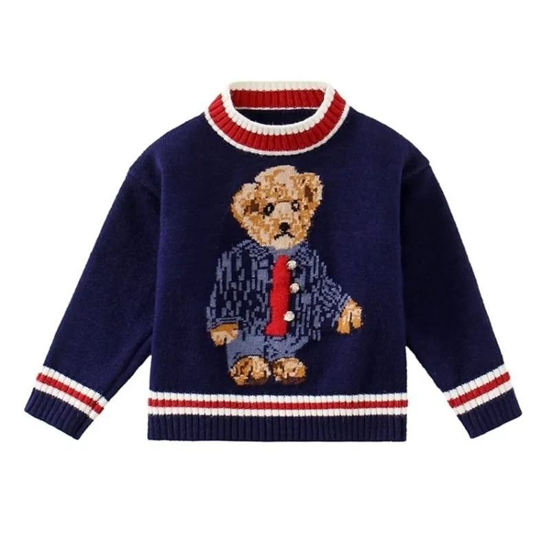 Kontrasttecknadbjörntryck Skolan Navy Tröja för Baby Girls Boys Winter Knitwear Kids Barnkläder Barnens ytterkläder 211201