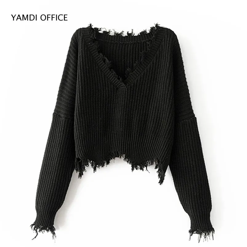 YAMDI femmes gland pull automne hiver solide orange blanc noir pulls courts pulls col en v sexy pull tricoté 210805