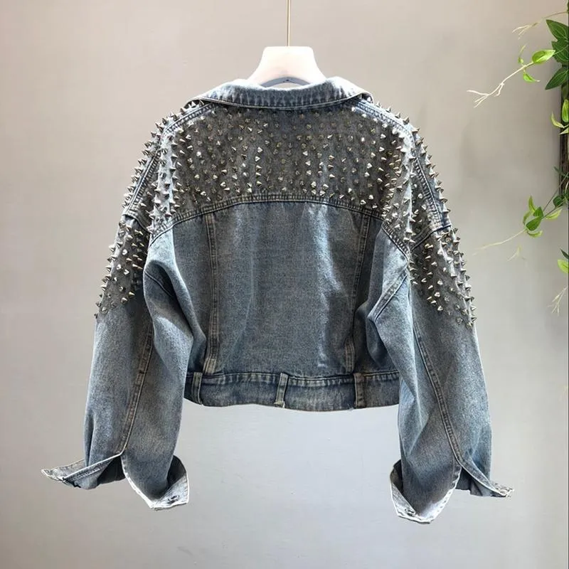 QNPQYX Kvinnors Jackor med Rivet Denim Jean Tops European 2018 Höst Ny Kvinna Nail Short Wash Jeans Jacket Girl Fashion