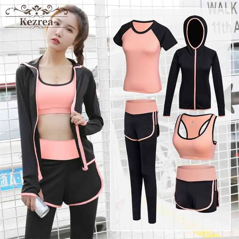 Kezrea 5 Piece Set Women Yoga Suit Gym Fitness Clothing Women's Cycling Shorts Sportswear Woman Running Tracksuits 210802