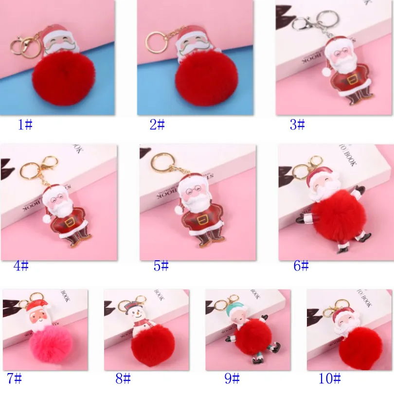 Big Red Santa Claus Fluffy Key Chain Party Gifts Faux Rabbit Fur Ball Pom Keychains Women Bag KeyRing HH21-465